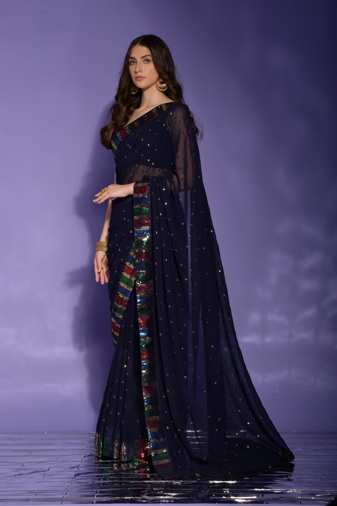 Dhiyona GR Women's Koski Navy Georgette Sequence Saree