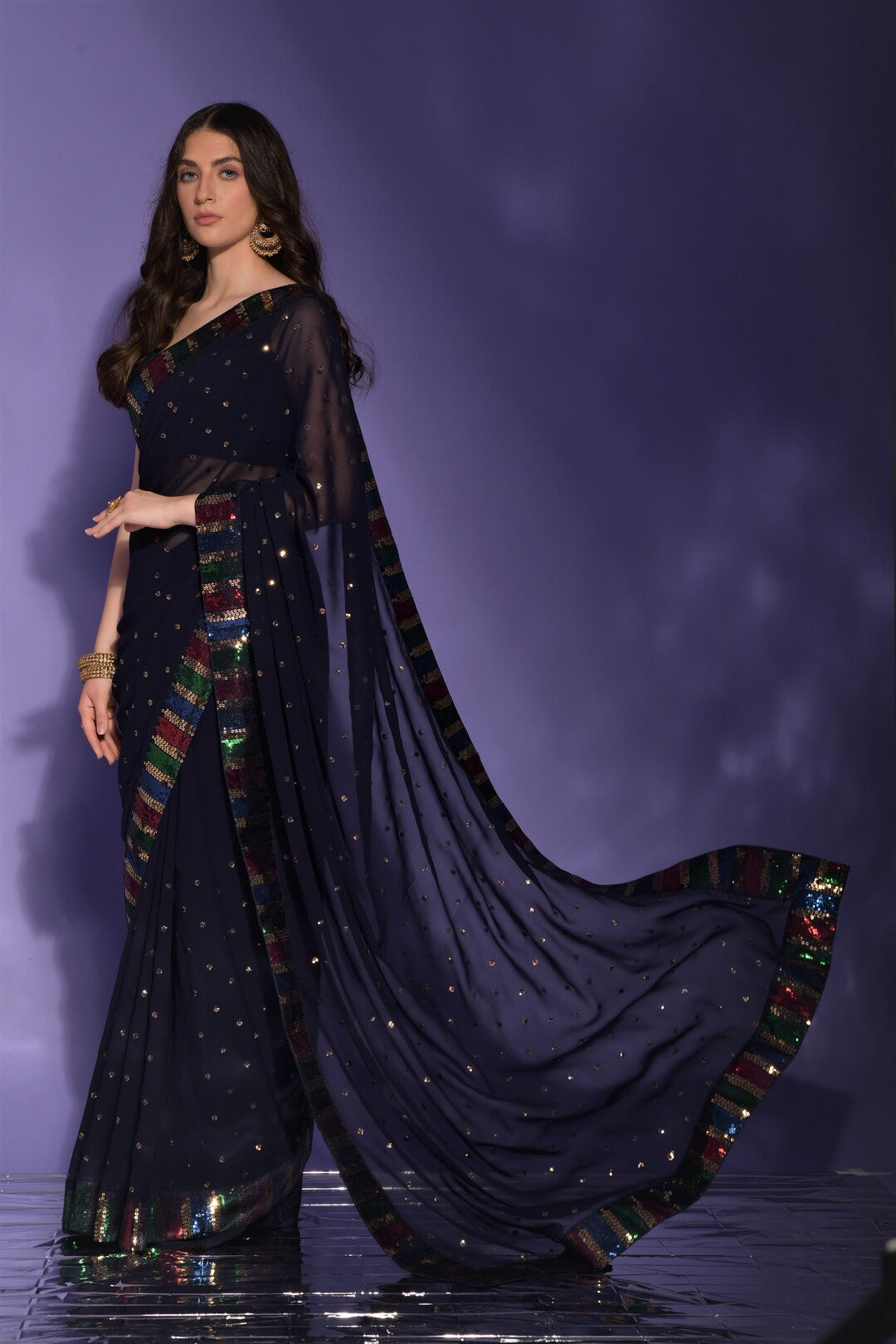 Dhiyona GR Women's Koski Navy Georgette Sequence Saree