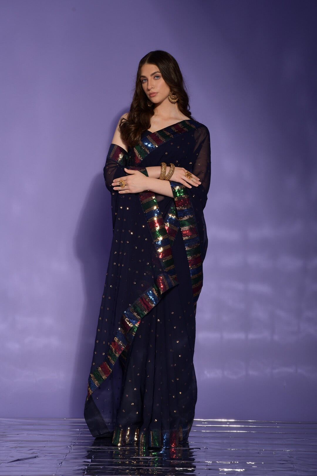 Dhiyona GR Women's Koski Navy Georgette Sequence Saree