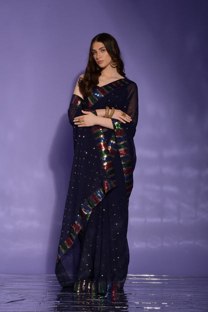 Dhiyona GR Women's Koski Navy Georgette Sequence Saree