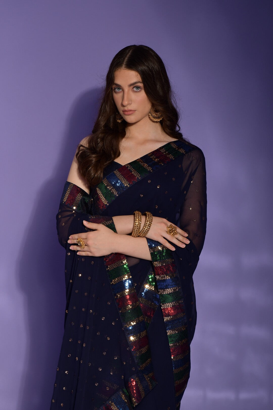 Dhiyona GR Women's Koski Navy Georgette Sequence Saree