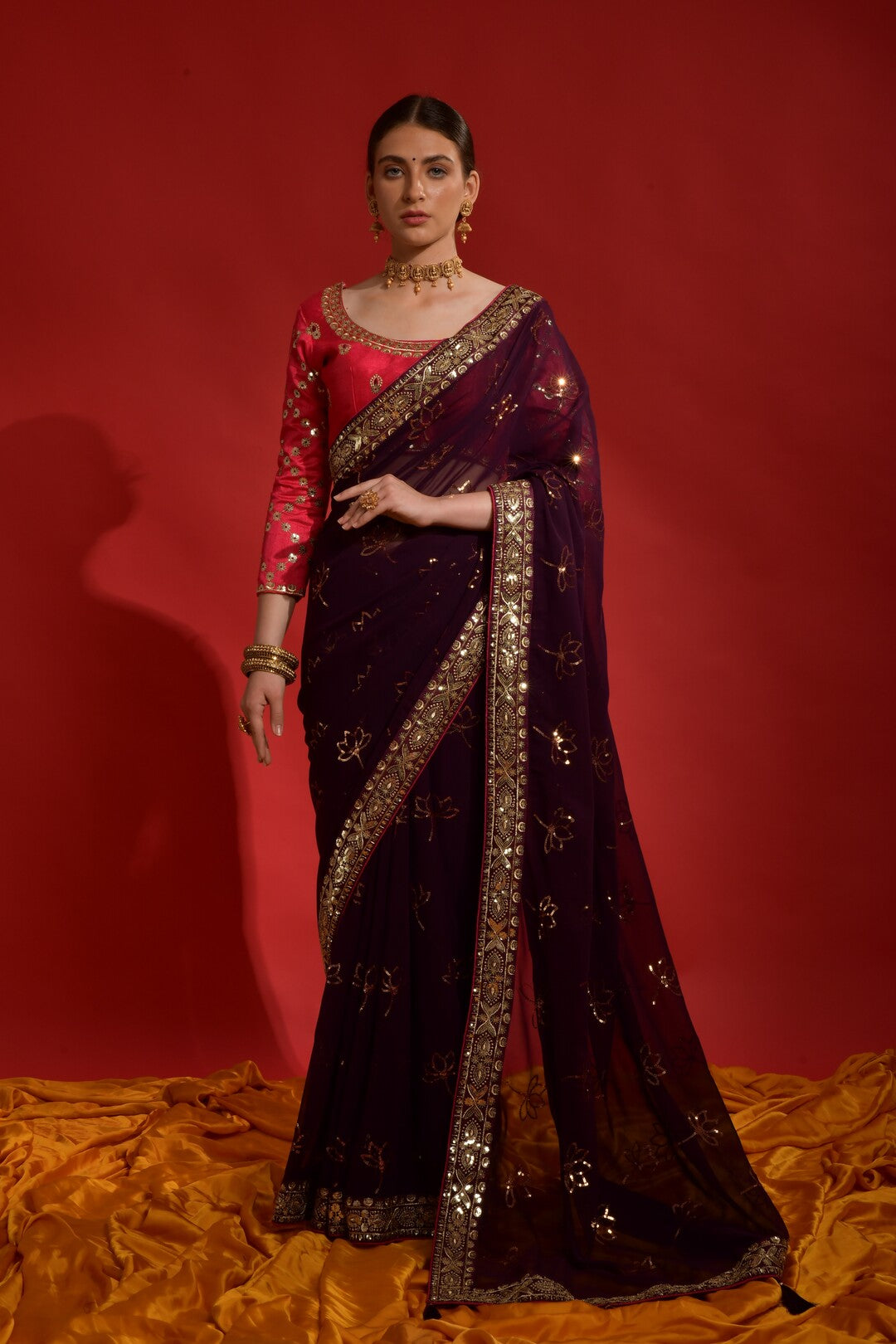 Dhiyona GR Women's Kamal Wine Heavy Georgette Sequence Saree