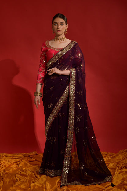 Dhiyona GR Women's Kamal Wine Heavy Georgette Sequence Saree
