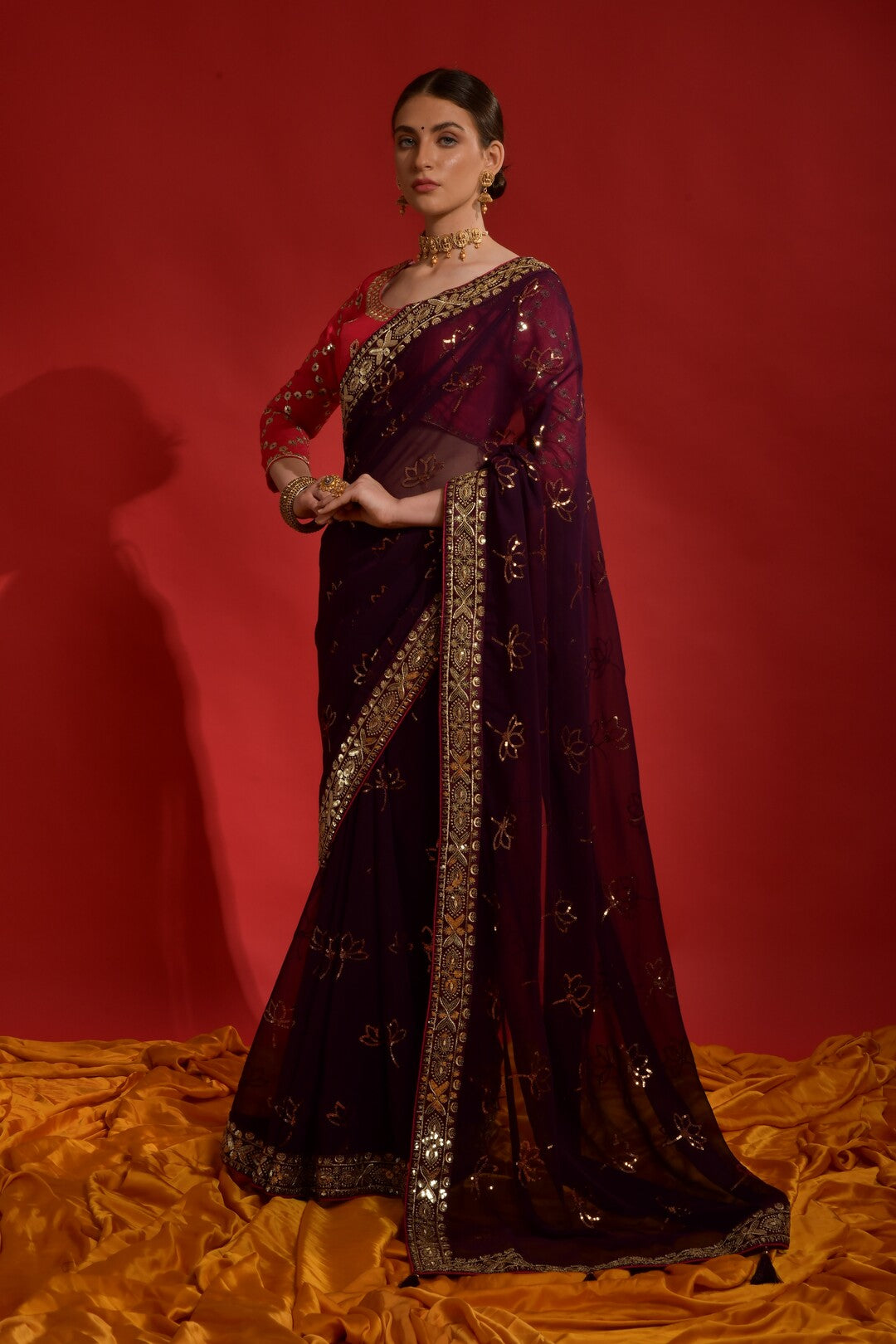 Dhiyona GR Women's Kamal Wine Heavy Georgette Sequence Saree