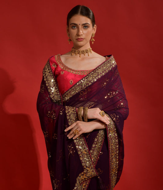 Dhiyona GR Women's Kamal Wine Heavy Georgette Sequence Saree