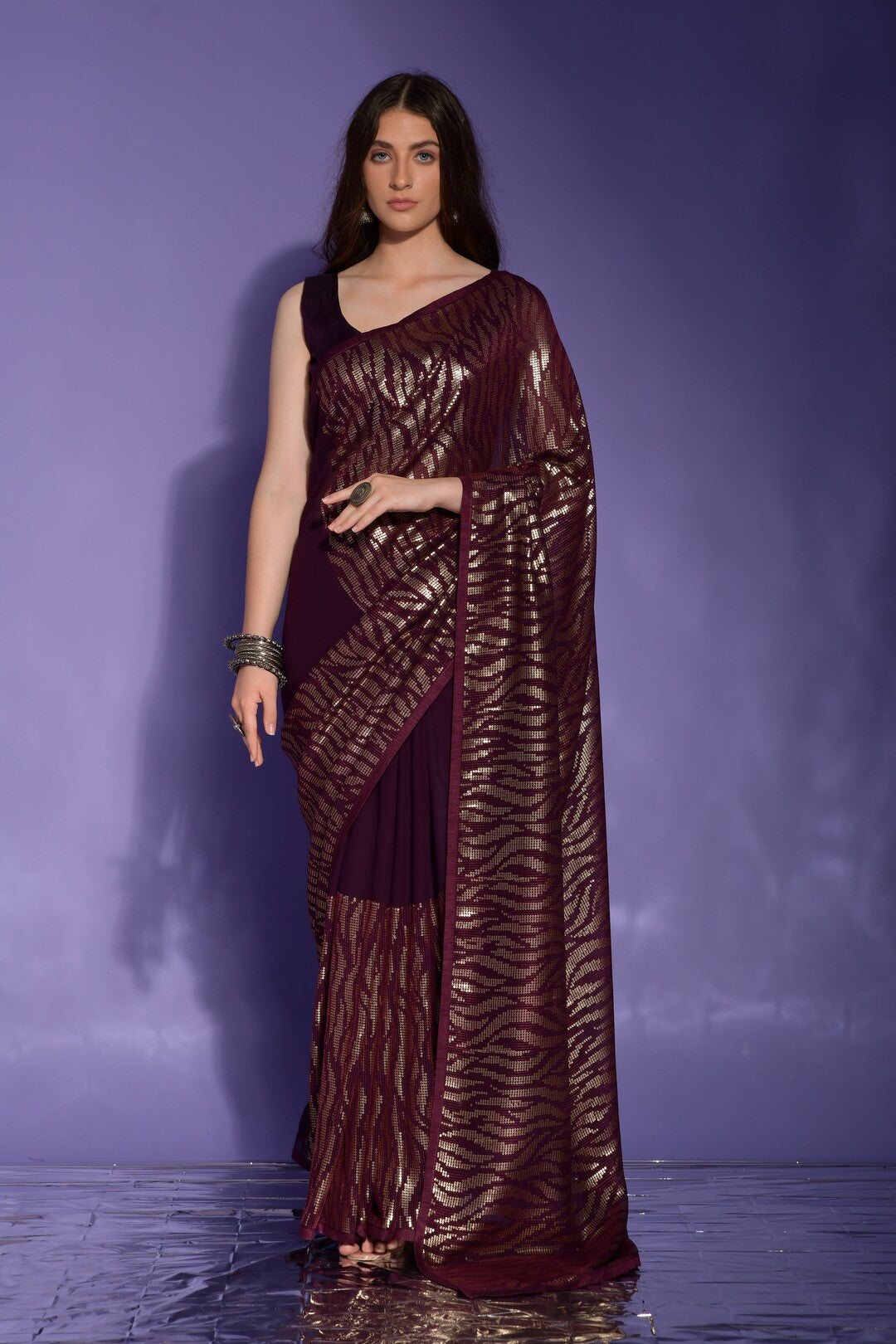 Dhiyona GR Women's Jeet Wine Georgette Sequence Saree