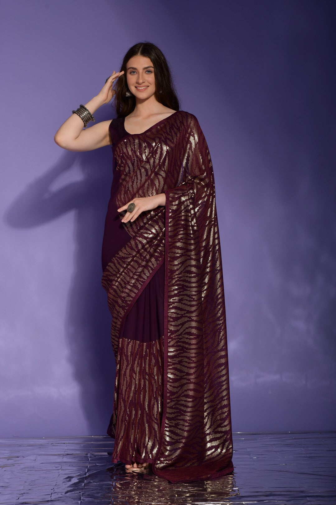 Dhiyona GR Women's Jeet Wine Georgette Sequence Saree