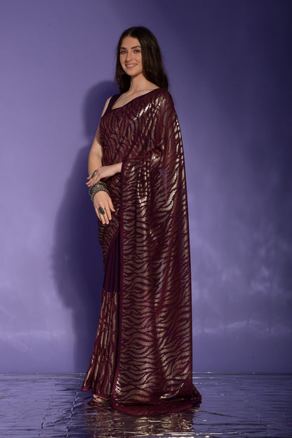 Dhiyona GR Women's Jeet Wine Georgette Sequence Saree