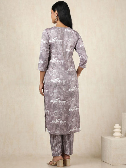 Dhiyona SO Women's Ethnic Motifs Printed Thread Work Round Neck Straight Kurta With Trousers