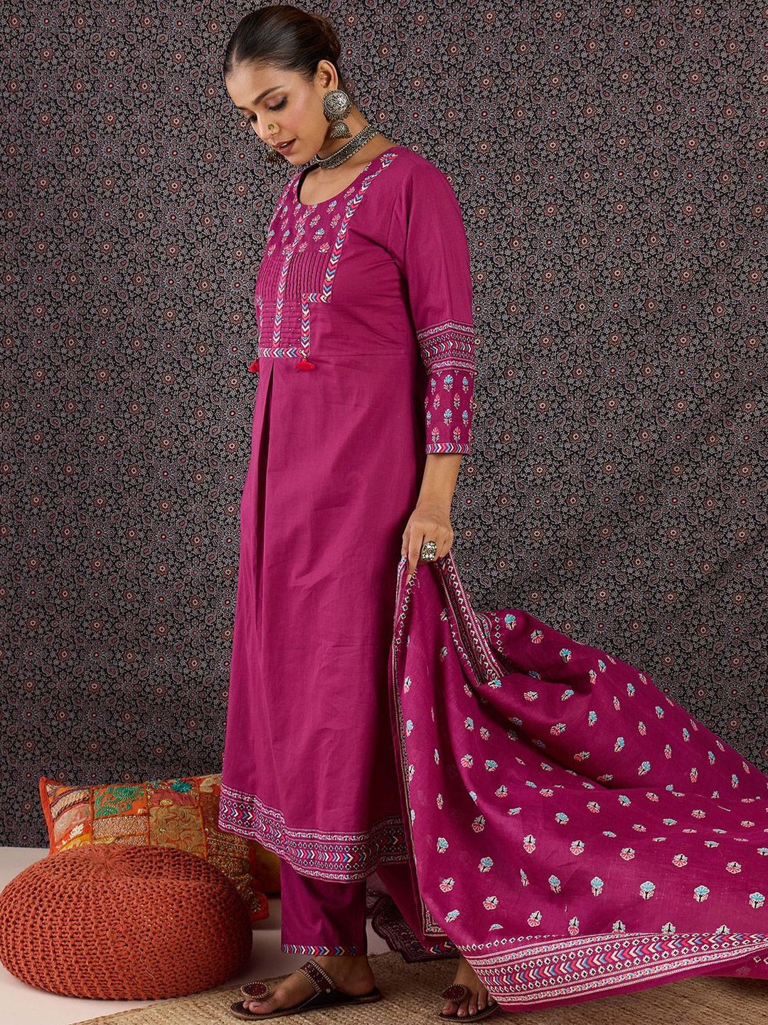 Women Ethnic Motifs Printed Pleated Thread Work Pure Cotton Kurta with Trousers & With Dupatta