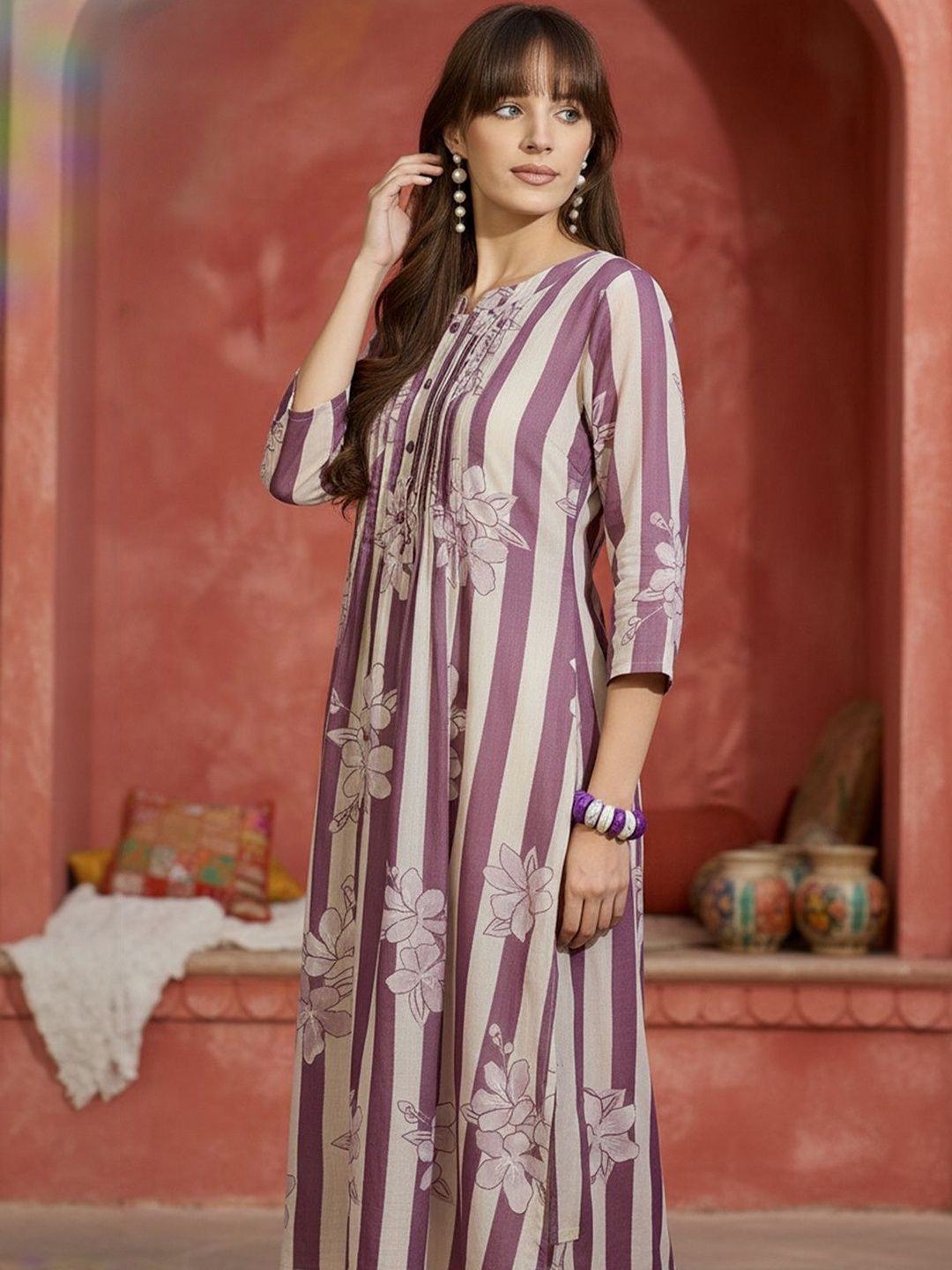 Striped Printed Round Neck Panelled Pure Cotton Kurta With Trousers