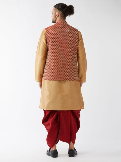 Men's Rose Gold Silk Blend Straight Jacket  Kurta and Dhoti Set