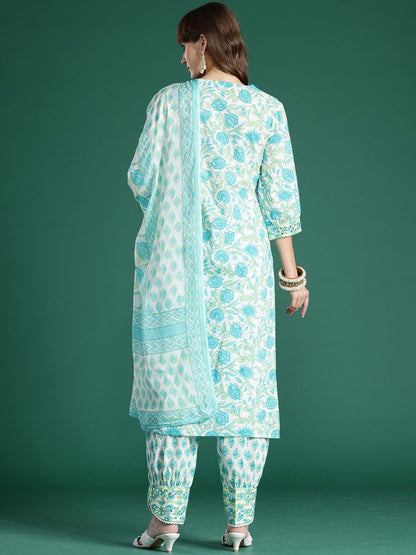 Women Floral Printed Regular Pure Cotton Kurta with Trousers & With Dupatta