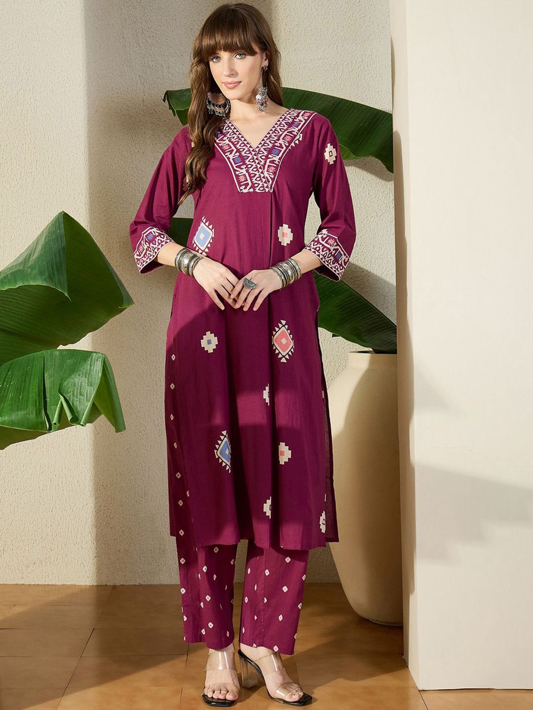 Dhiyona IE Printed Pure Cotton V-Neck Top With Trousers