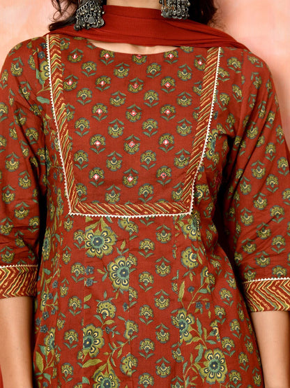 Dhiyona SN Women's Floral Printed Pure Cotton Round Neck Anarkali Kurta With Trouser And Dupatta