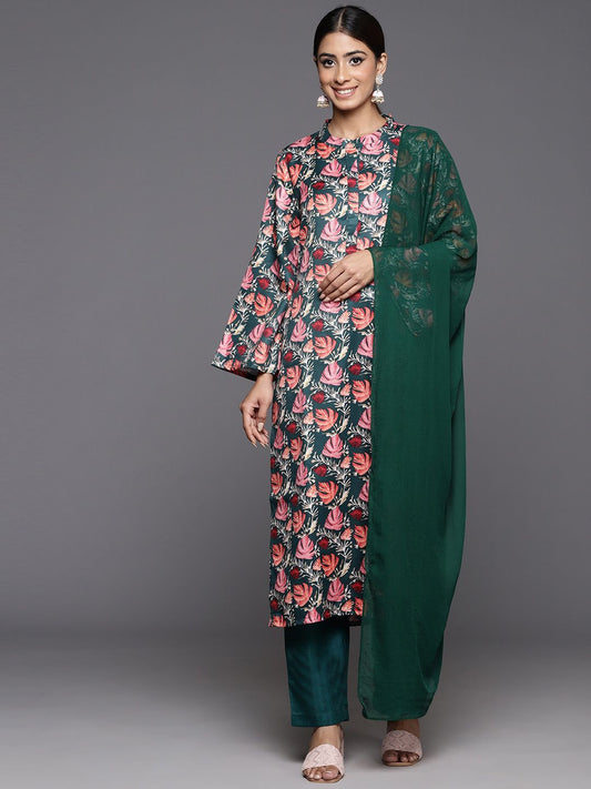 Dhiyona VA Women'sFloral Printed Mandarin Collar Kurta With Trousers & Dupatta