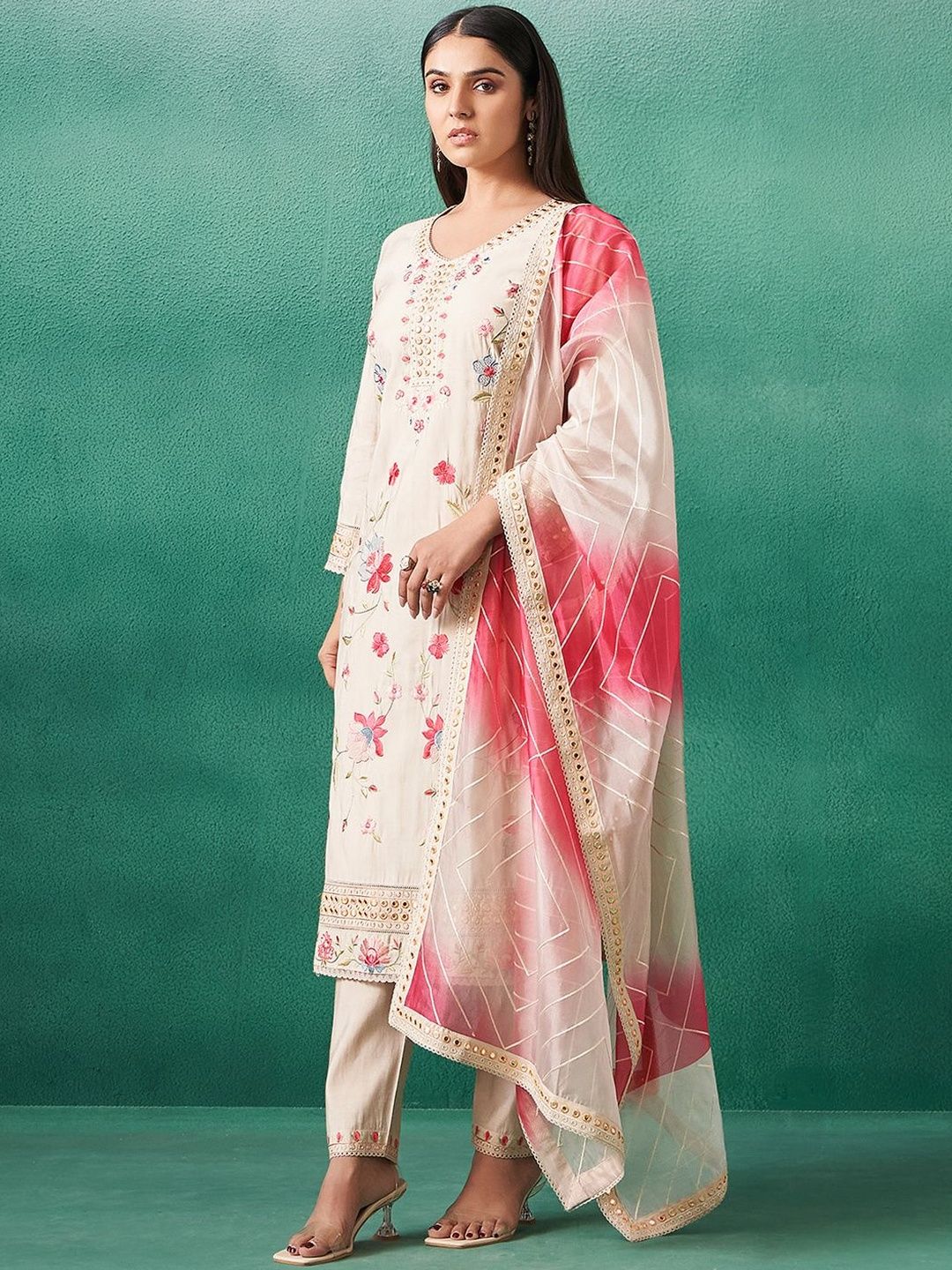 Women Floral Embroidered Regular Mirror Work Kurta with Trousers & With Dupatta