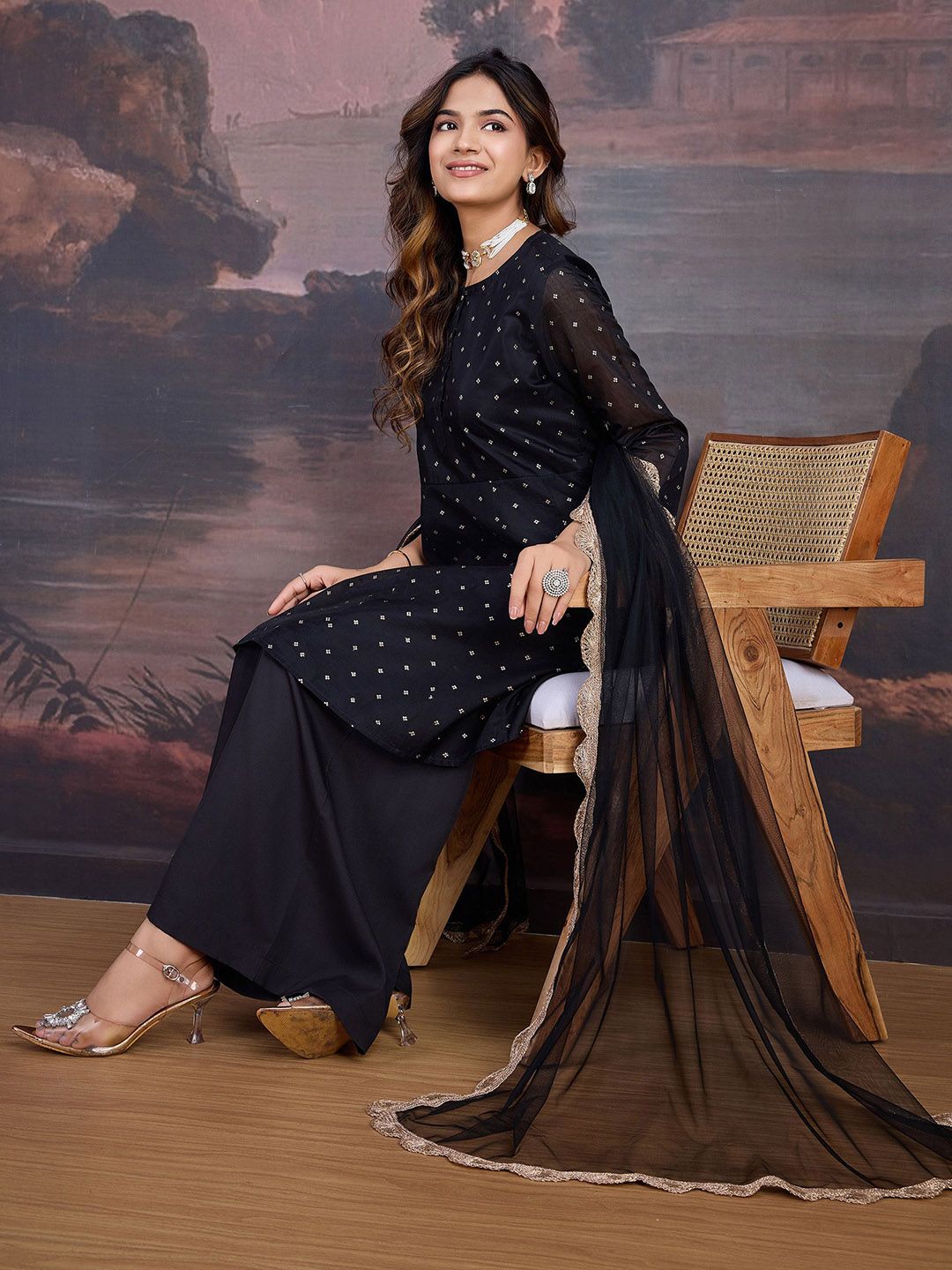 Dhiyona PD Women Floral Woven Design Chanderi Cotton A-Line Kurta & Trousers With Dupatta