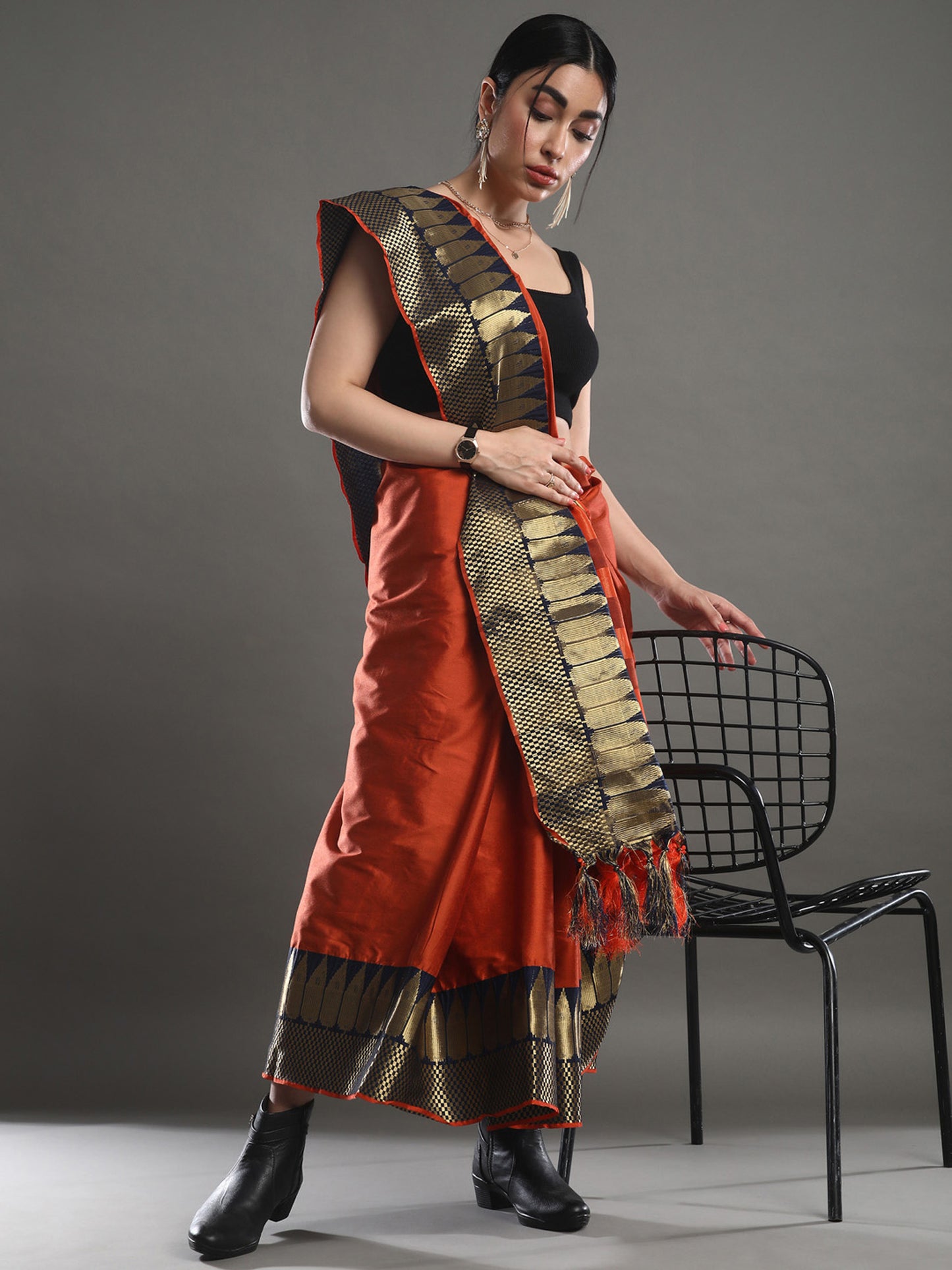 Women's Silk Blend Orange Woven Design Designer Saree With Blouse Piece
