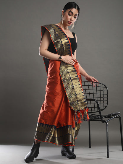 Women's Silk Blend Orange Woven Design Designer Saree With Blouse Piece