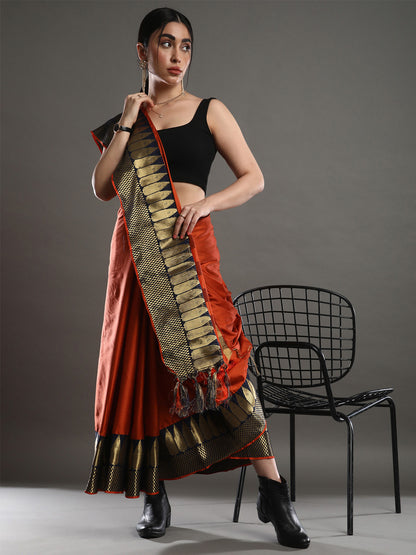 Women's Silk Blend Orange Woven Design Designer Saree With Blouse Piece