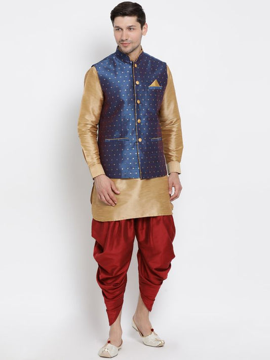Men's Gold Silk Blend Straight Jacket  Kurta and Dhoti Set