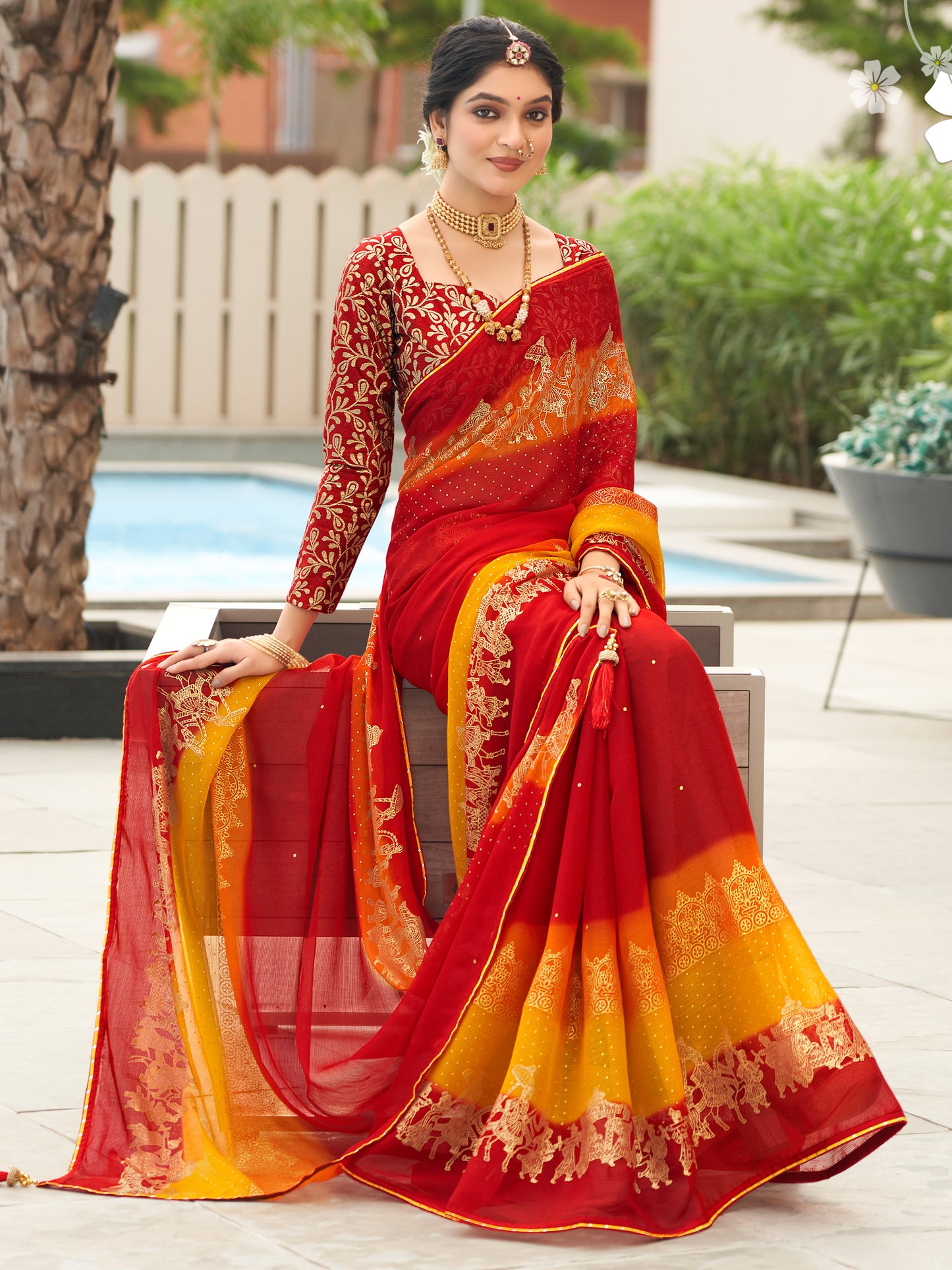 Women's Chiffon Red Embellished Designer Saree With Blouse Piece