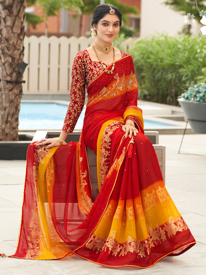 Women's Chiffon Red Embellished Designer Saree With Blouse Piece