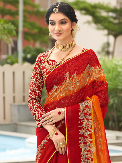 Women's Chiffon Red Embellished Designer Saree With Blouse Piece