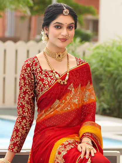 Women's Chiffon Red Embellished Designer Saree With Blouse Piece