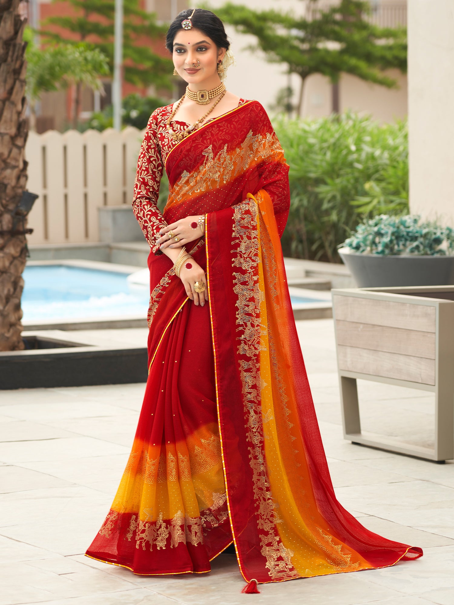 Women's Chiffon Red Embellished Designer Saree With Blouse Piece