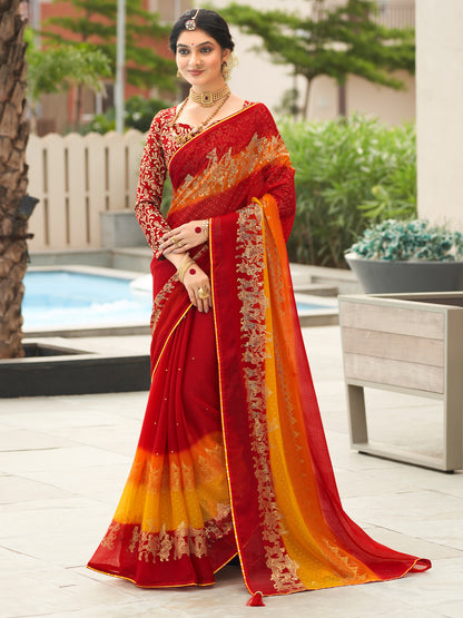 Women's Chiffon Red Embellished Designer Saree With Blouse Piece