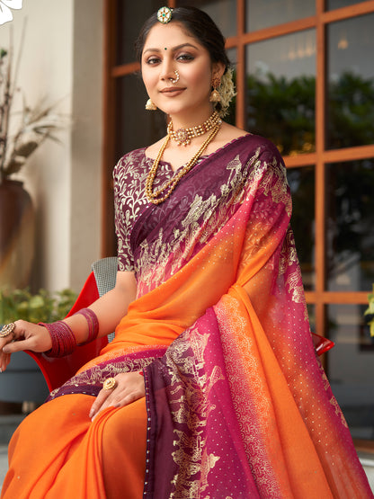 Women's Chiffon Orange Embellished Designer Saree With Blouse Piece