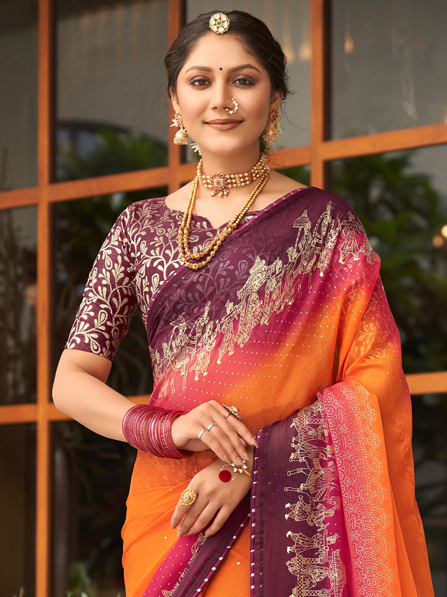 Women's Chiffon Orange Embellished Designer Saree With Blouse Piece