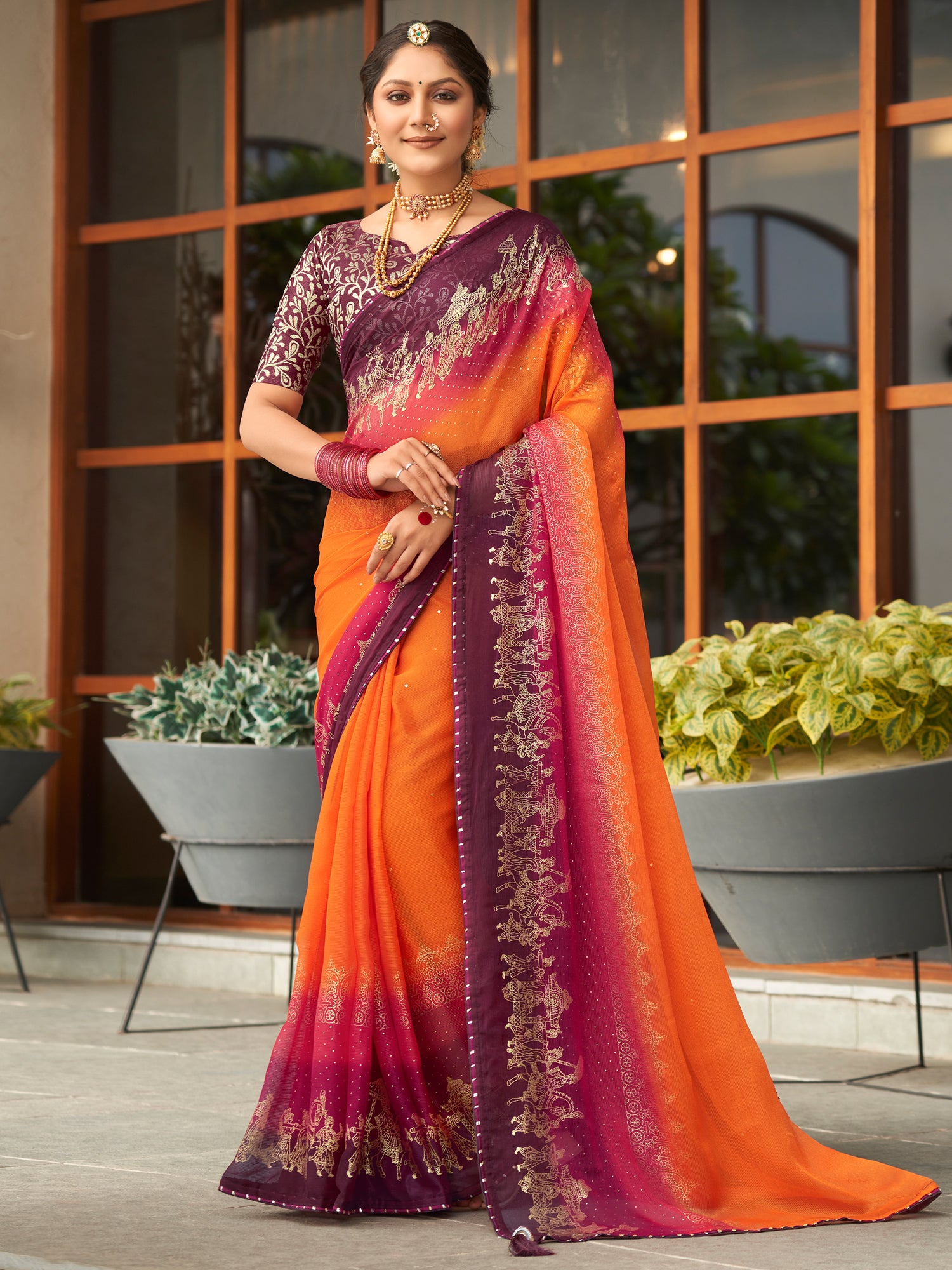 Women's Chiffon Orange Embellished Designer Saree With Blouse Piece