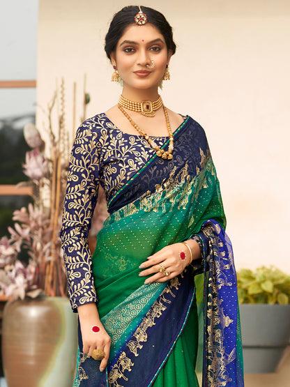 Women's Chiffon Green Embellished Designer Saree With Blouse Piece