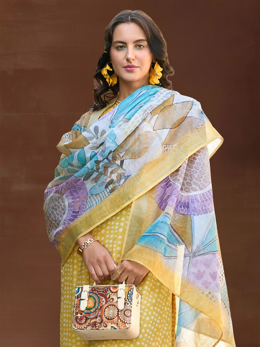 Women Ethnic Motifs Printed Regular Thread Work Linen Kurta with Trousers & With Dupatta