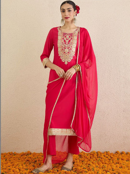 Women Ethnic Motifs Embroidered Regular Thread Work Kurta with Trousers & With Dupatta