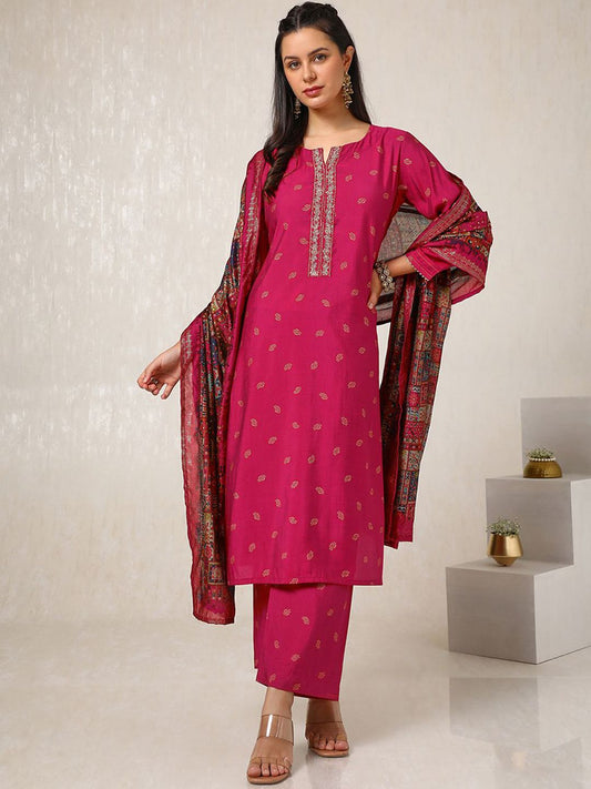Dhiyona SO Women's Ethnic Motifs Printed Thread Work Straight Kurta with Palazzos & Dupatta