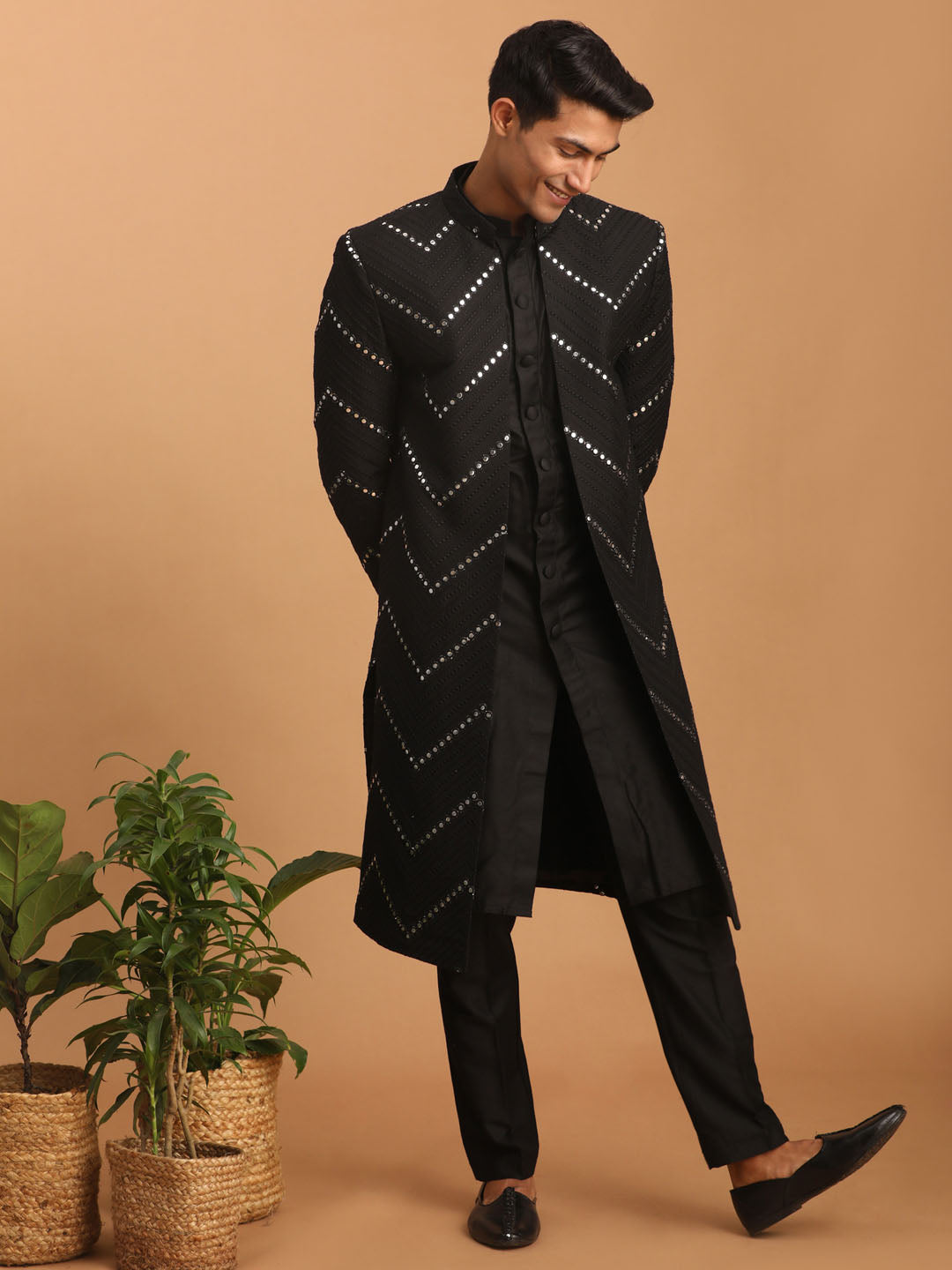 Men's Black Viscose Straight Sherwani Set