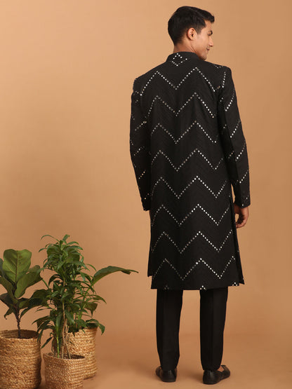 Men's Black Viscose Straight Sherwani Set