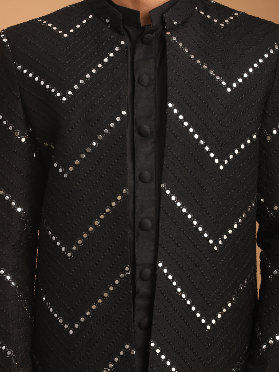 Men's Black Viscose Straight Sherwani Set