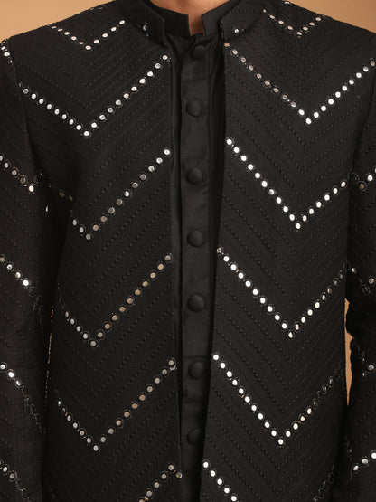 Men's Black Viscose Straight Sherwani Set
