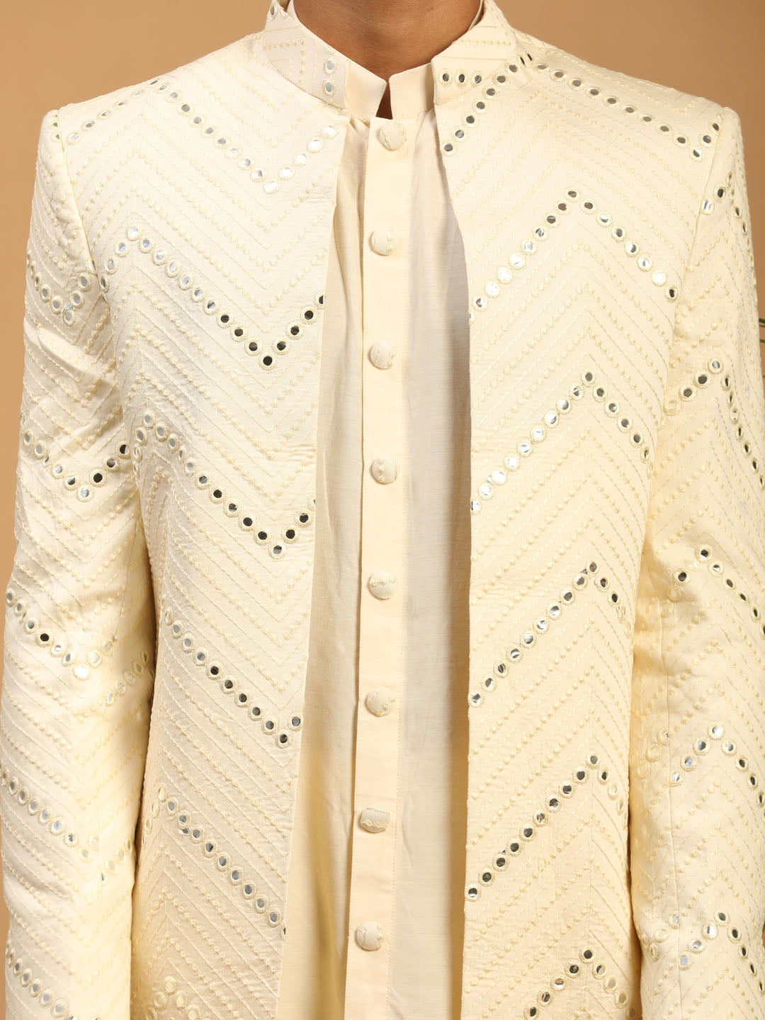 Men's Cream Viscose Straight Sherwani Set