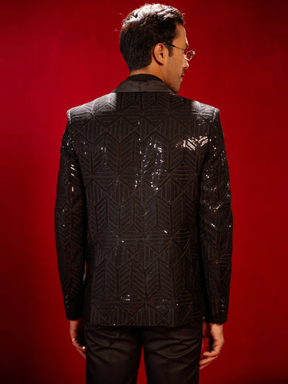 Men's Black Cotton Blend Straight Blazer