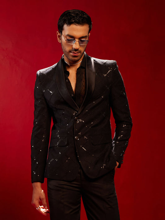 Men's Black Cotton Straight Blazer