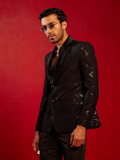 Men's Black Cotton Straight Blazer
