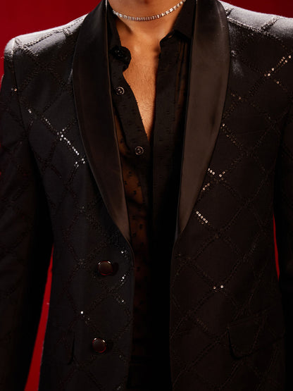Men's Black Cotton Straight Blazer