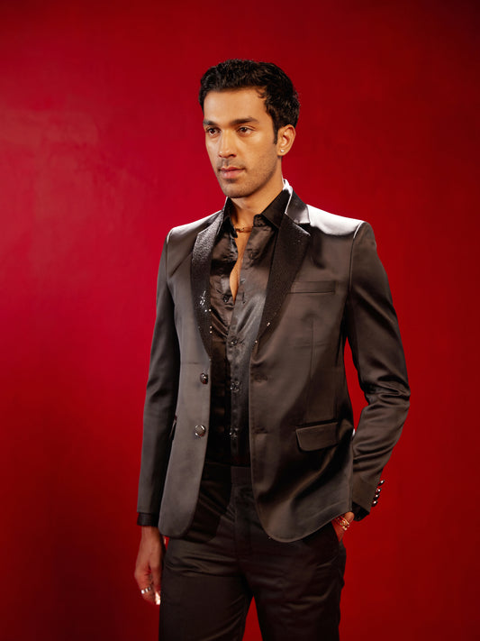 Men's Black Cotton Blend Straight Blazer