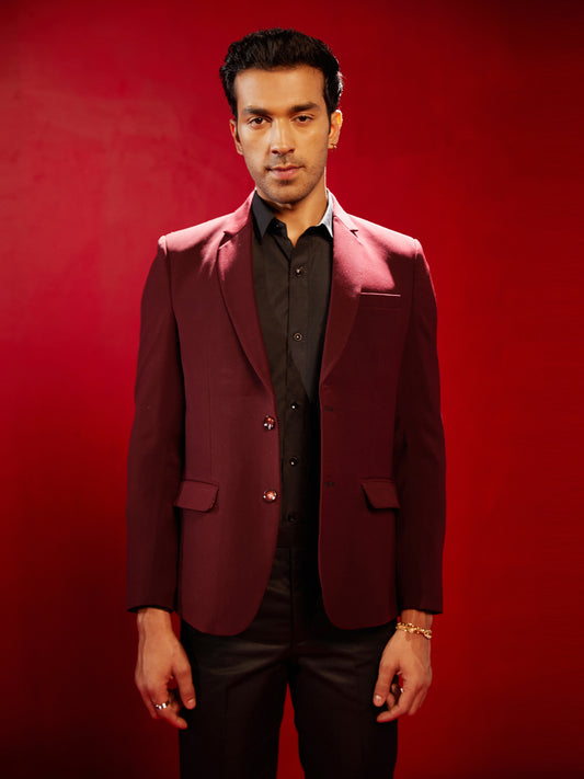 Men's Maroon Cotton Blend Straight Blazer